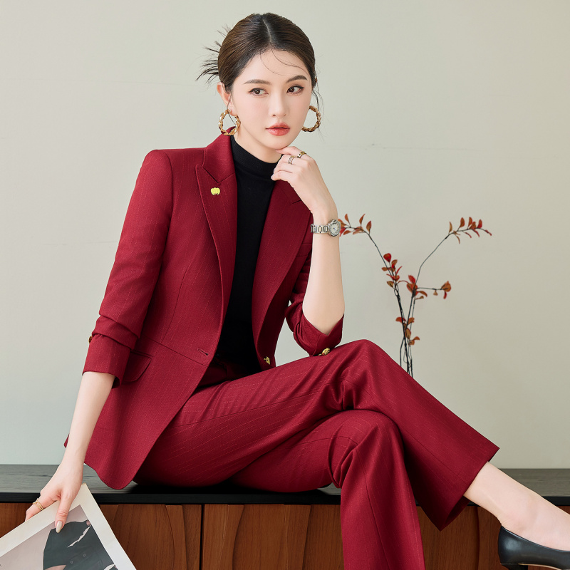 Women Formal Wear Shirt And Pant - Red Suit Set for Women, Autumn