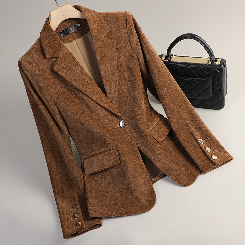Women Formal Wear Office - Yellow Gold Velvet Blazer Women Autumn