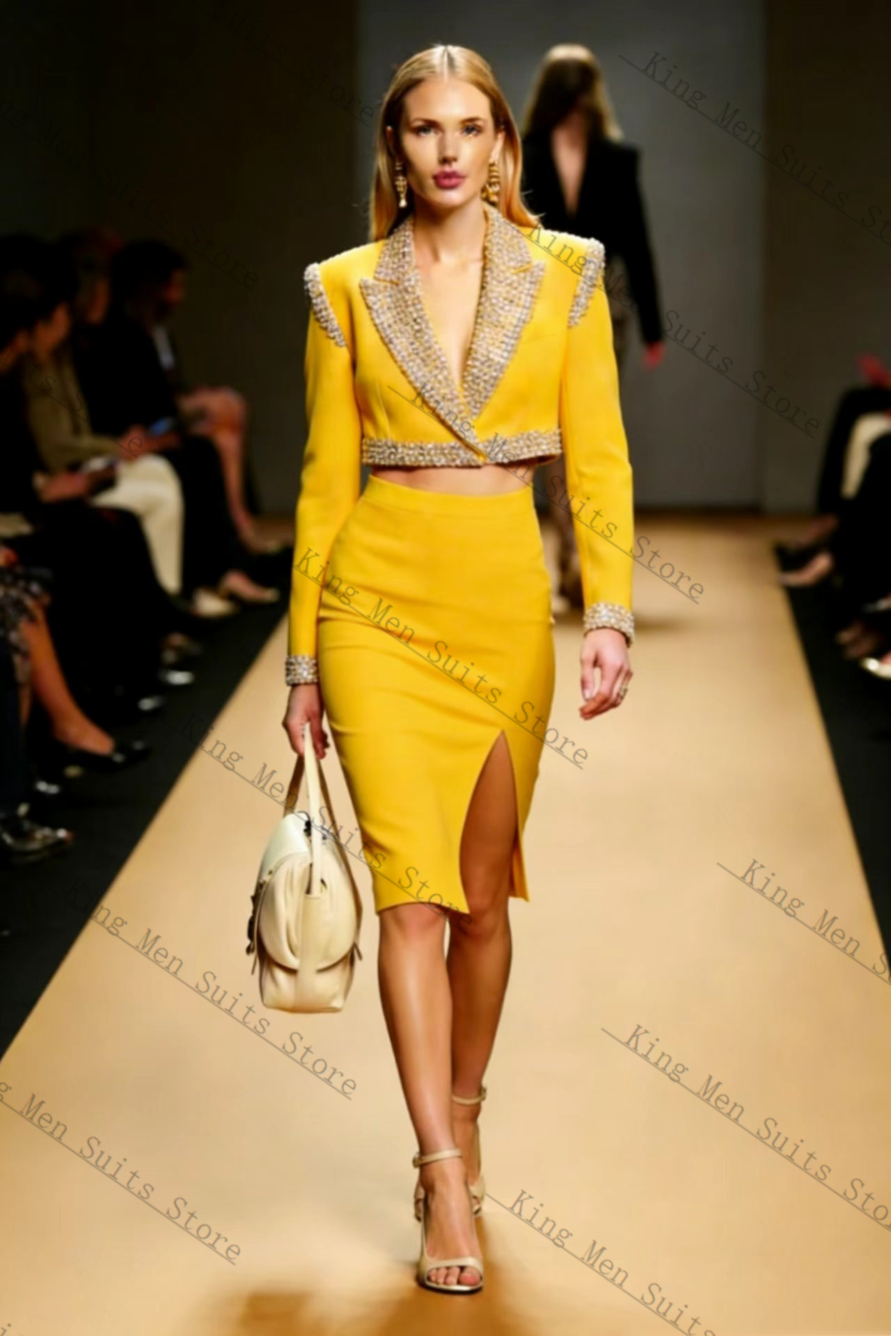 Women'S Formal Wear Wedding Guest - Yellow Crystals Women Suit Skirt Set