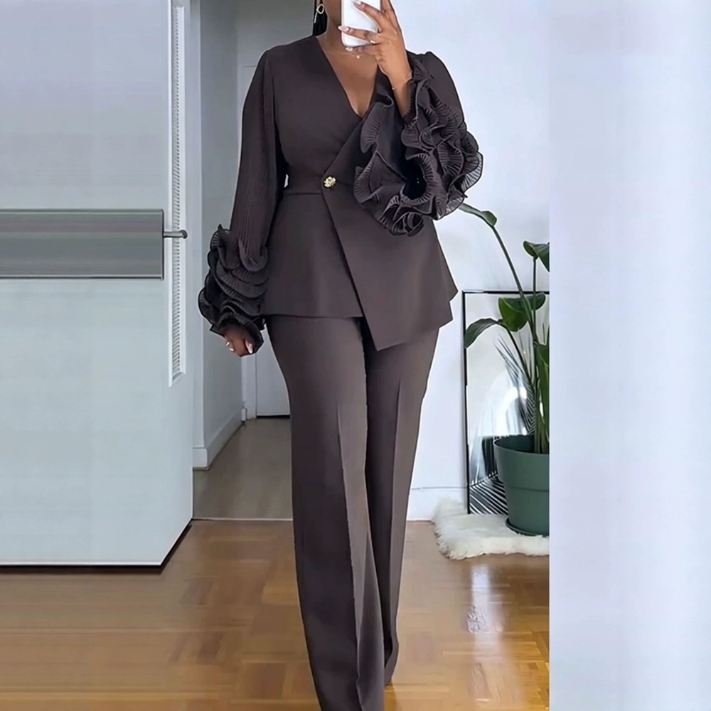 Women'S Formal Wear Suit - Women's 2‑Piece Pant Suit Deep‑V Ruffle