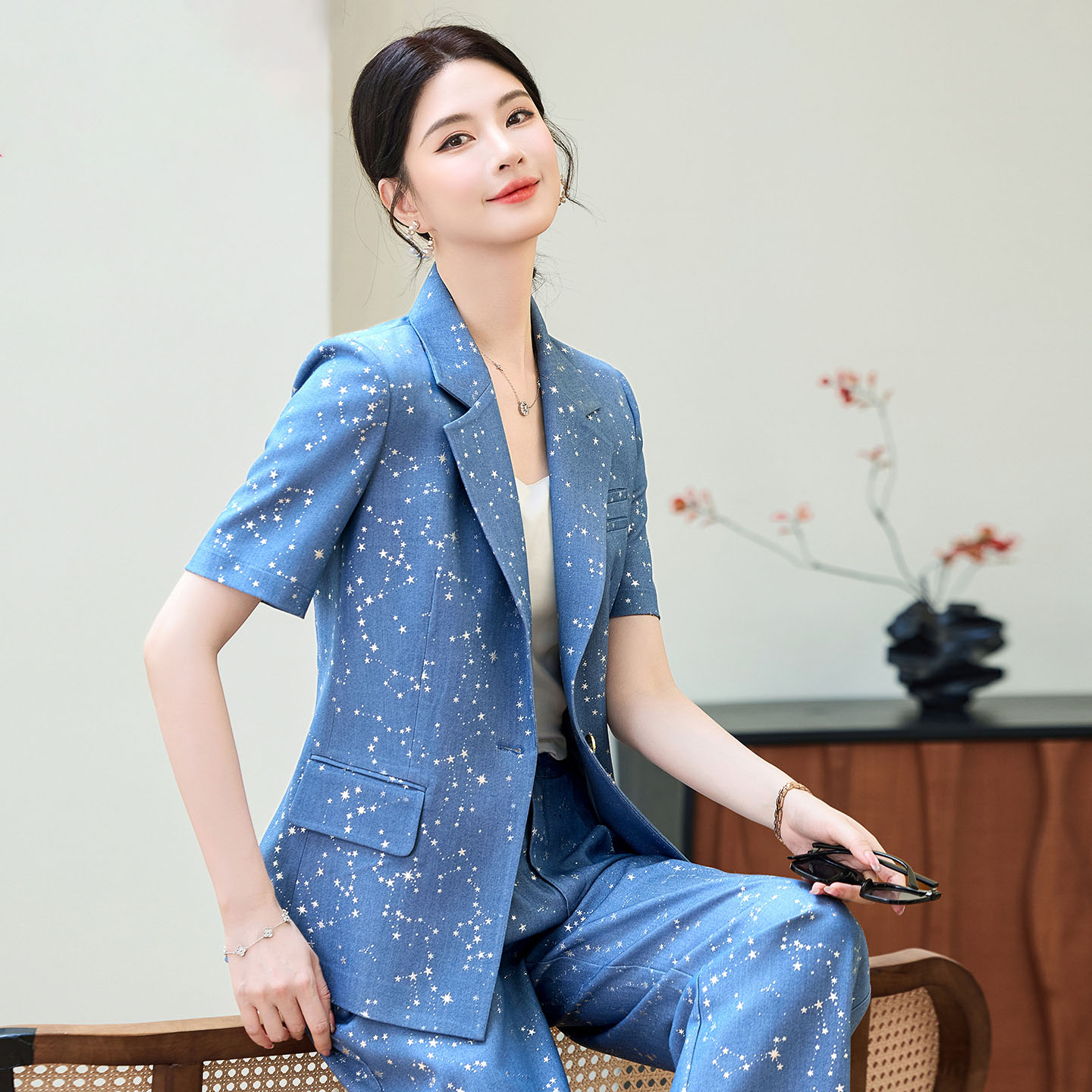 Fashion Blue Yellow Short Slee - Women Formal Wear With Blazer recension och pris
